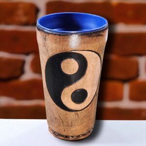 Vintage 1995 Handmade Leather Wrapped Mug DLJ Signed Yin Yang Artisan Ren Faire